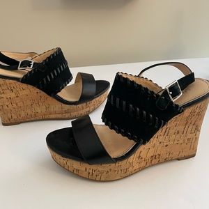 Michael Shannon Black suede/leather slingback wedge sandals, women’s.